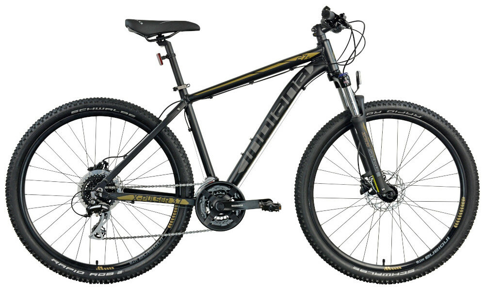 Rower górski MTB INDIANA X-Pulser 3.7 M20 27.5 cala męski Czarno-brązowy wyglad front bok