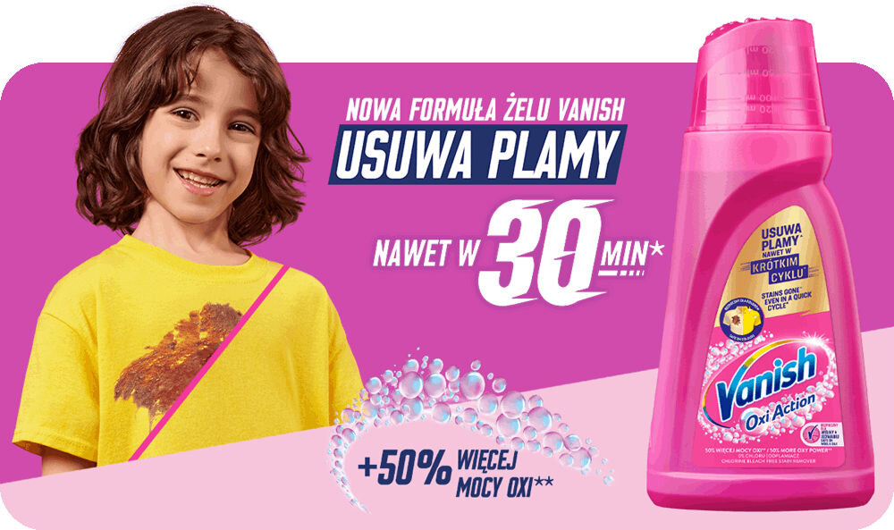 Odplamiacz do prania VANISH Oxi Action Różowy 2000 ml uśmiechnięte dziecko w upranej koszulce napisy nowa formuła żelu vanish usuwa plamy nawet w 30 minut +50% więcej mocy oxy
