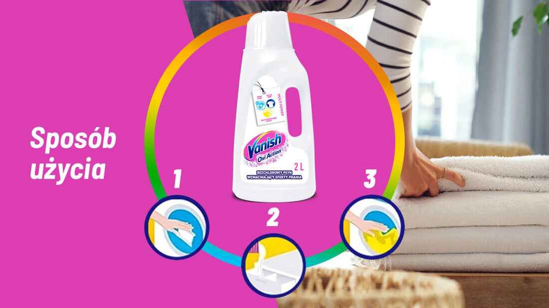 Odplamiacz do prania VANISH Oxi Action Biały 2000 ml Sposób użycia