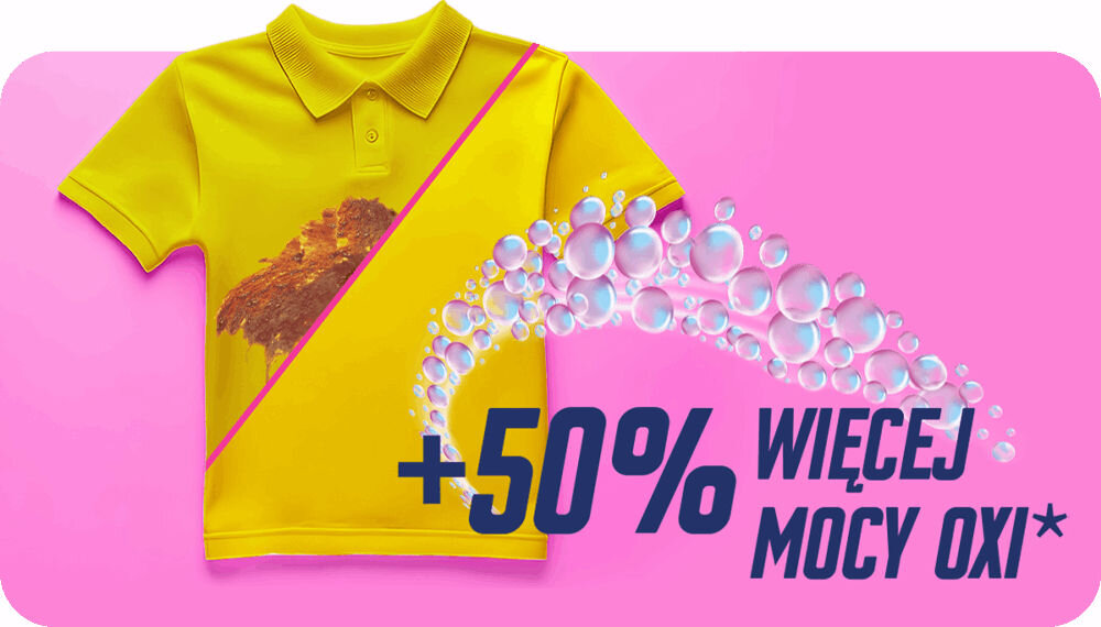 Odplamiacz do prania VANISH Oxi Action Różowy 1000 ml grafika koszulki z plamą i bez napis +50 % więcej mocy oxi