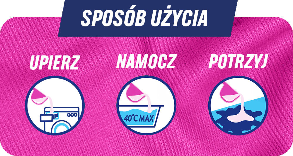 Odplamiacz do prania VANISH Oxi Action Różowy 1000 ml na różowym tle napis sposób użycia upierz namocz potrzyj