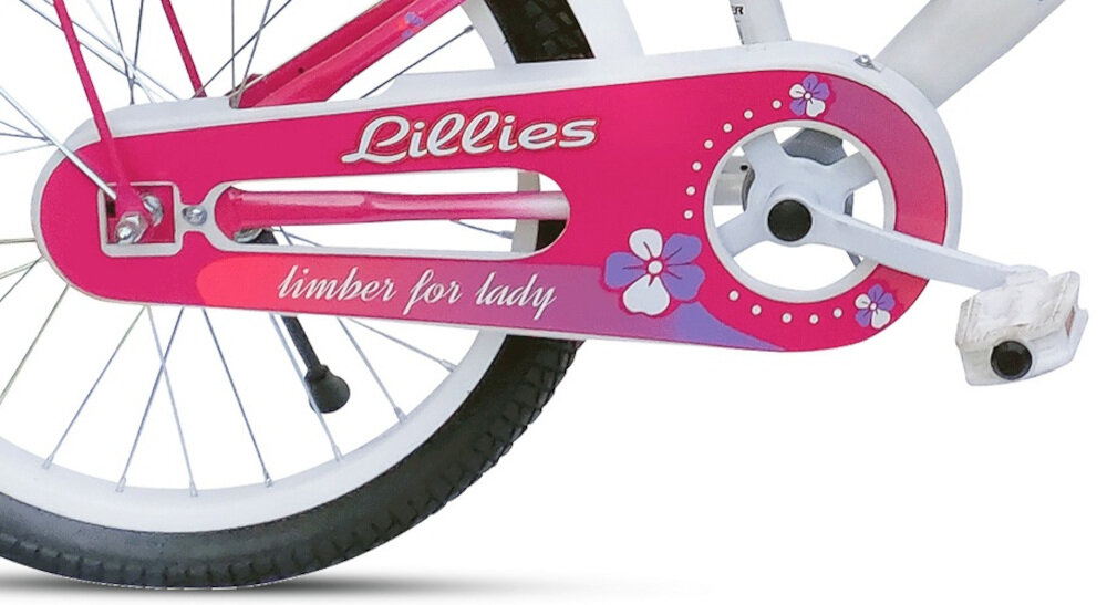 Rower dziecięcy LIMBER Girl 20 cali dla dziewczynki Biało-różowy osłona na łańcuch kolorowa maksymalnie bezpiecznie ochroni odzież dziecka przed wkręceniem
