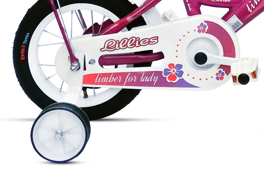 Rower dziecięcy LIMBER Girl 12 cali dla dziewczynki Różowy osłona na łańcuch kolorowa boczne kółka asekurują dziecko w początkowej fazie nauki łatwo usunąć