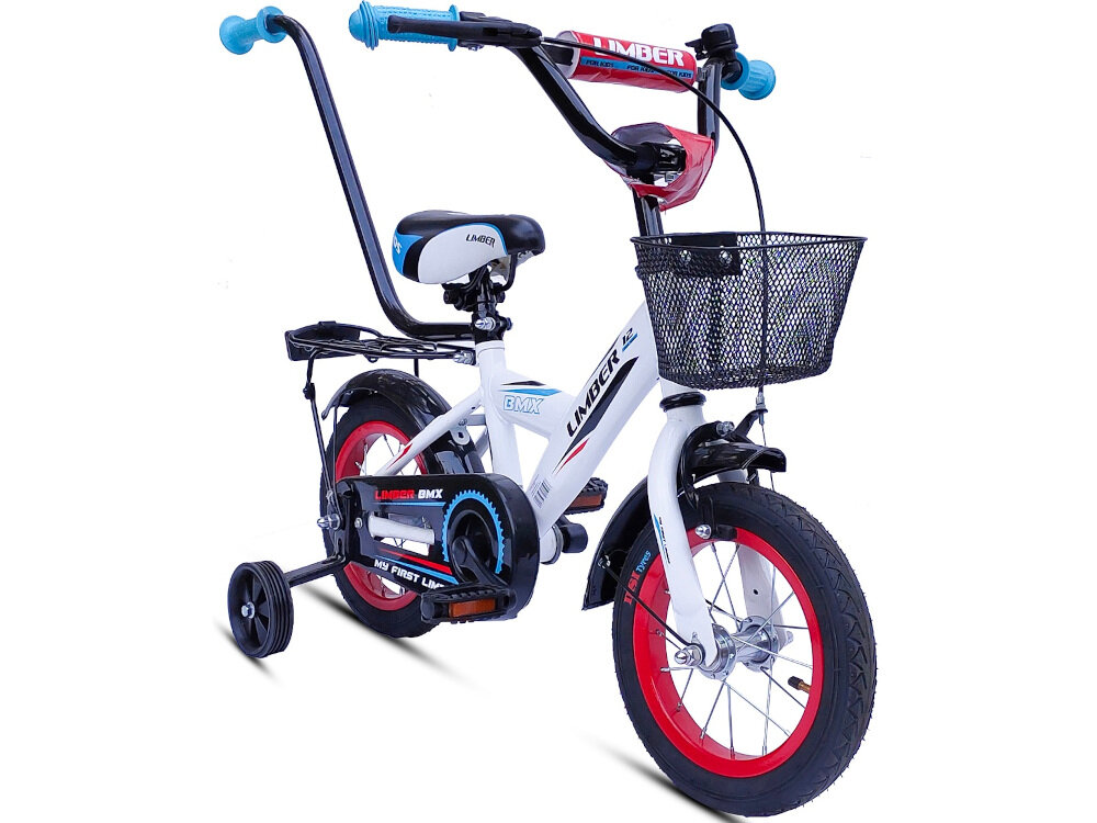Rower dziecięcy LIMBER Boy 12 cali dla chłopca Biało-niebieski dopracowany od strony technicznej i wzorniczej dla chłopców liczne elementy poprawiające komfort jazdy osłona łańcucha odkręcane kółka boczne błotniki w biało-niebieskim kolorze