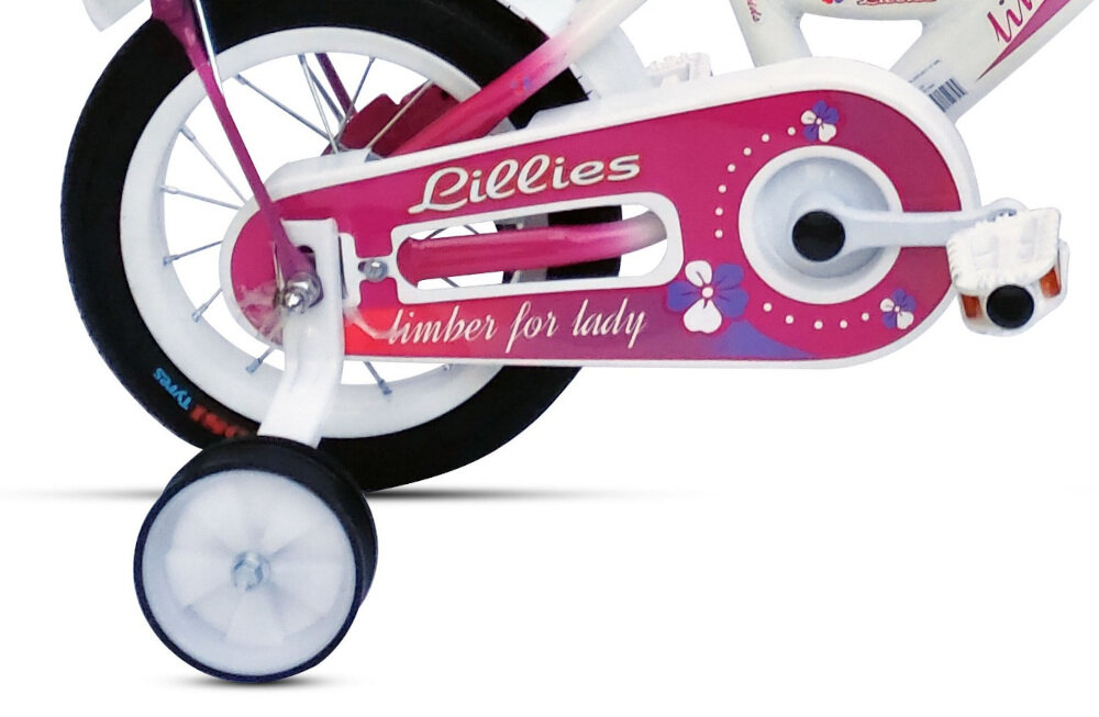 Rower dziecięcy LIMBER Girl 12 cali dla dziewczynki Biało-różowy osłona na łańcuch kolorowa boczne kółka asekurują dziecko w początkowej fazie nauki łatwo usunąć
