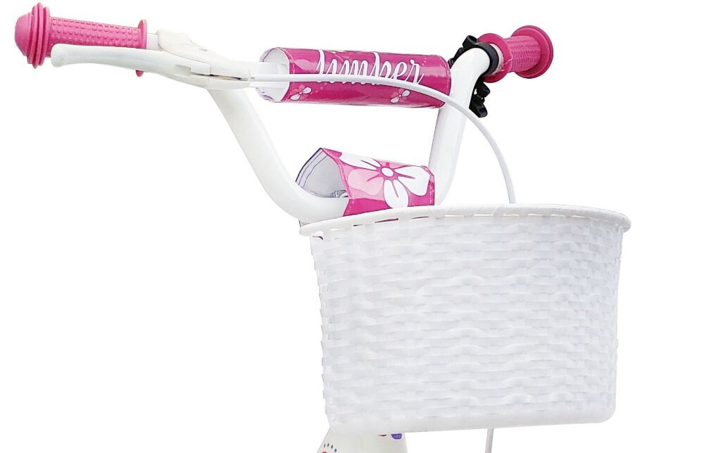 Rower dziecięcy LIMBER Girl 12 cali dla dziewczynki Biało-różowy chwyty kierownicy dobrze wyprofilowane lepsza kontrola nad rowerkiem dzwonek przedni koszyk przy kierownicy