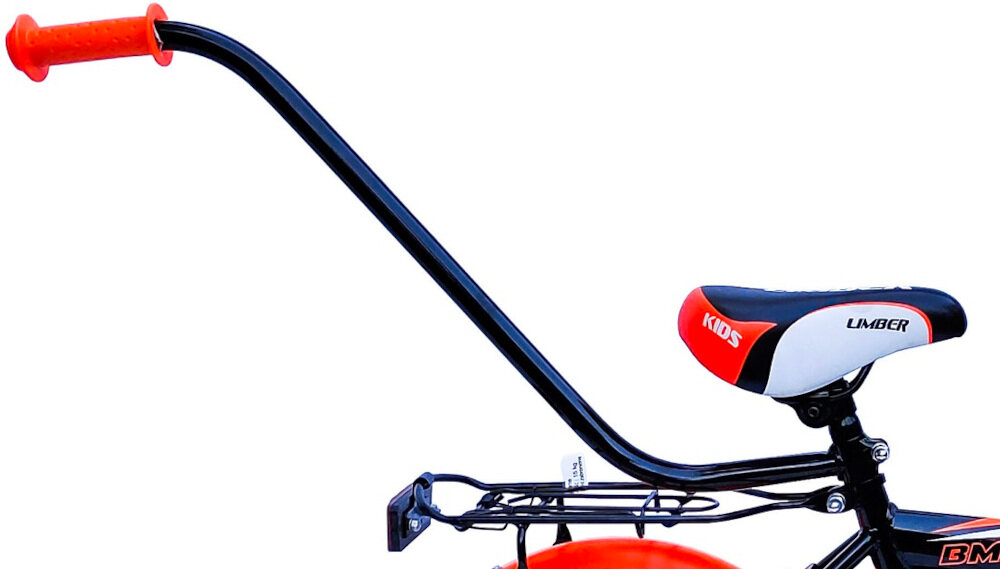 Rower dziecięcy LIMBER Boy 12 cali dla chłopca Czarno-pomarańczowy wygodne dziecięce siodełko prowadnik bagażnik