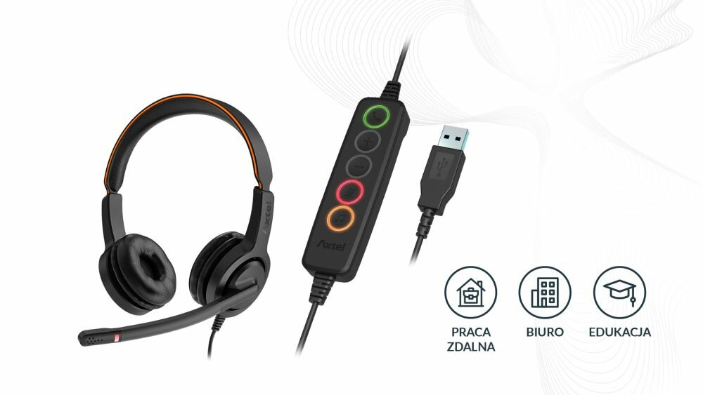 SŁUCHAWKI AXTEL VOICE UC40 DUO HD NC USB Z MIKROFONEM CZARNE dioda LED pilot USB