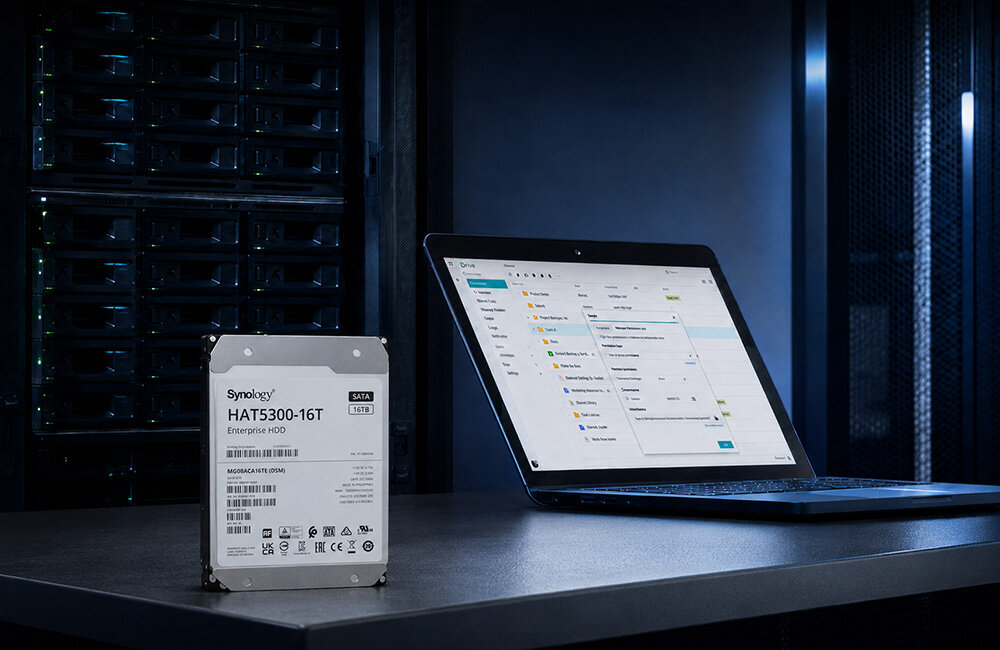 Dysk HDD Synology obok laptopa na tle serwerowni.