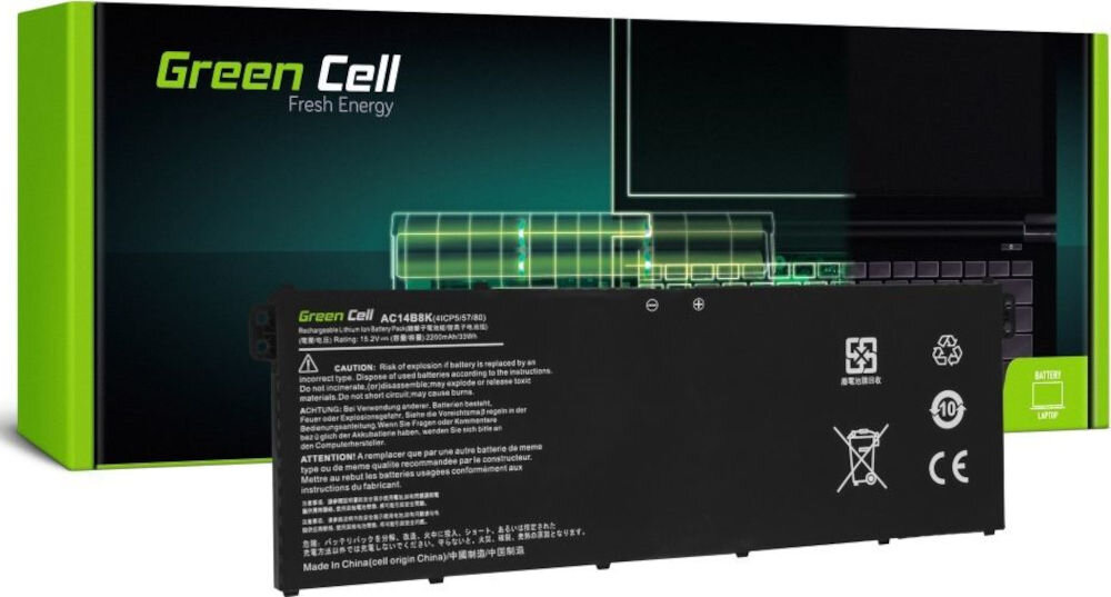 Bateria do laptopa GREENCELL AC72 2100 mAh akumulator zastępuje
baterie AC14B3K, AC14B8K zgodność z oryginalnymi akumulatorami produkt oraz jego opakowanie na białym tle