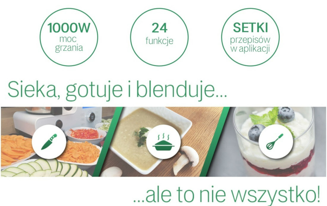 Robot wielofunkcyjny SAUBER TH8 500W z wbudowaną wagą, funkcją gotowania i aplikacją z przepisami mocne urzadzenie moc grzania 1000 W mos silnika 500 W