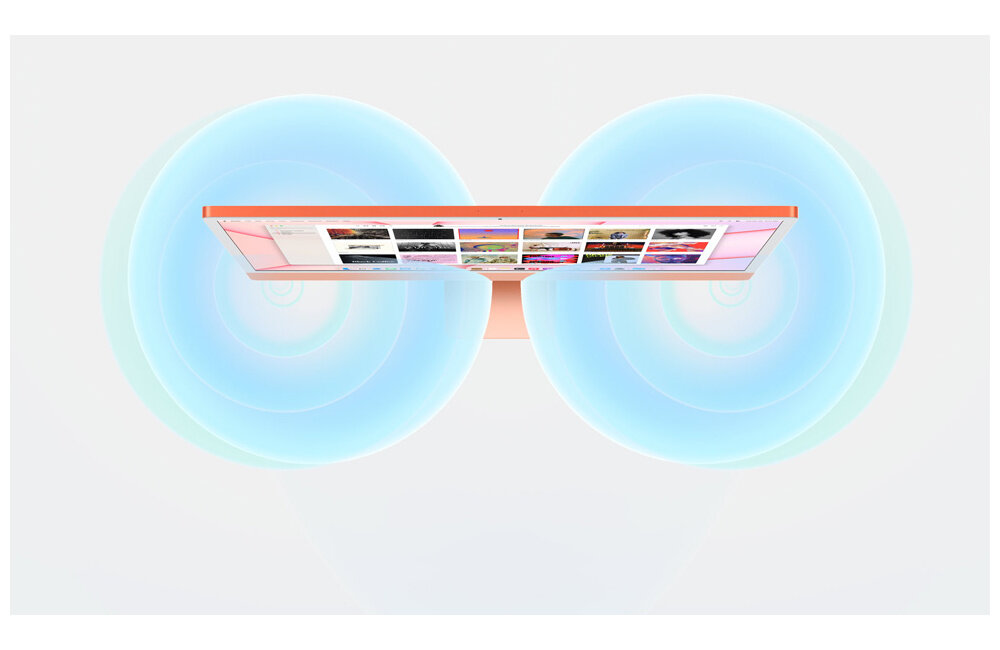 KOMPUTER AIO APPLE IMAC M1 8GB 512 GB GPU8 24 MACOS POMARANCZOWY dzwiek przestrzenny basy niskotonowy wysokotonowy glosnik