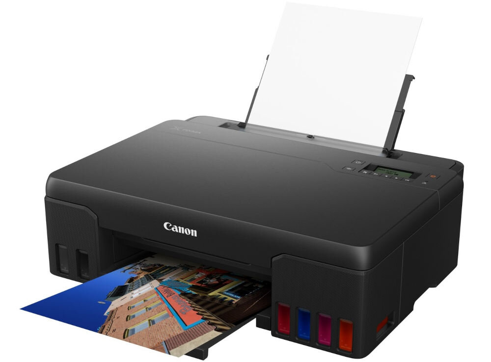 Drukarka CANON Pixma G540 MegaTank Druk w kolorze, Wi-Fi urządzenie na białym tle od przodu pod kątem z włożoną czystą kartką i wychodzącym zdjęciem druk bez ramek formaty profesjonalne zdjęcia