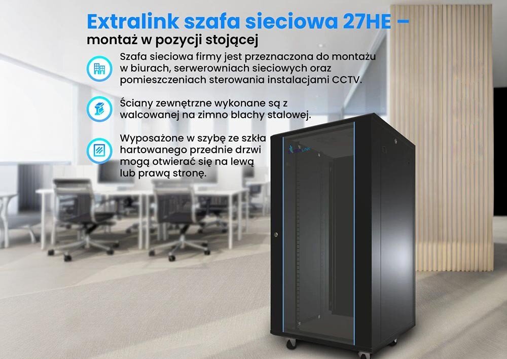 Szafa RACK EXTRALINK 19 27U EX.11366 600 x 800 mm Czarna szafa serwerowa na kółkach stoi w jasnym biurze, obok znajduje się tekst z ikonami opisujący jej cechy, przeznaczenie, standard, wymiary, wykonanie