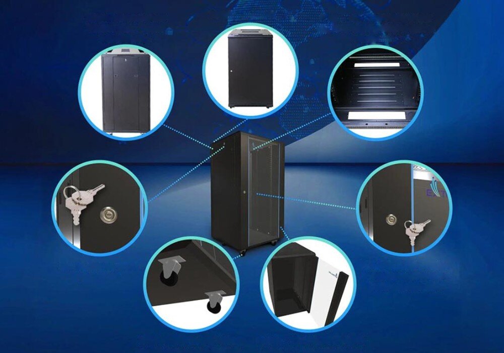 Szafa RACK EXTRALINK 19 27U EX.11366 600 x 800 mm Grafika przedstawia czarną szafę serwerową z detalami w kółkach: zbliżenie na zamek z kluczami, kółka, otwierany bok, wnętrze, tył i górę szafy, pojemność, wnętrze, obciążenie, nóżki