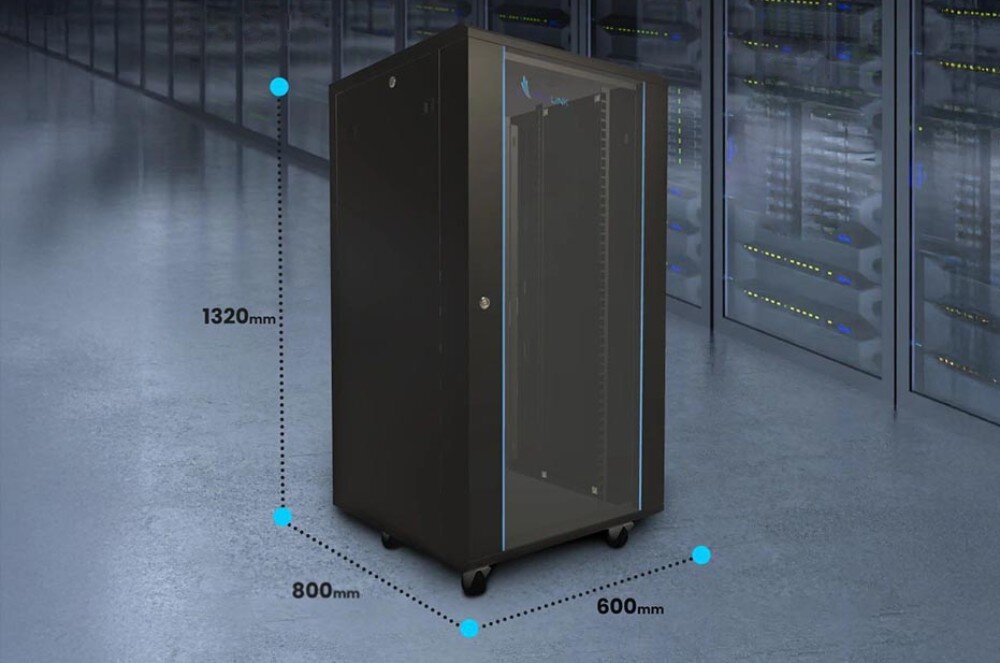 Szafa RACK EXTRALINK 19 27U EX.11366 600 x 800 mm Czarna szafa serwerowa na kółkach z liniami i tekstem wskazującym jej wymiary: wysokość 1320 mm, szerokość 800 mm i głębokość 800 mm, drzwi, dostęp, zamki