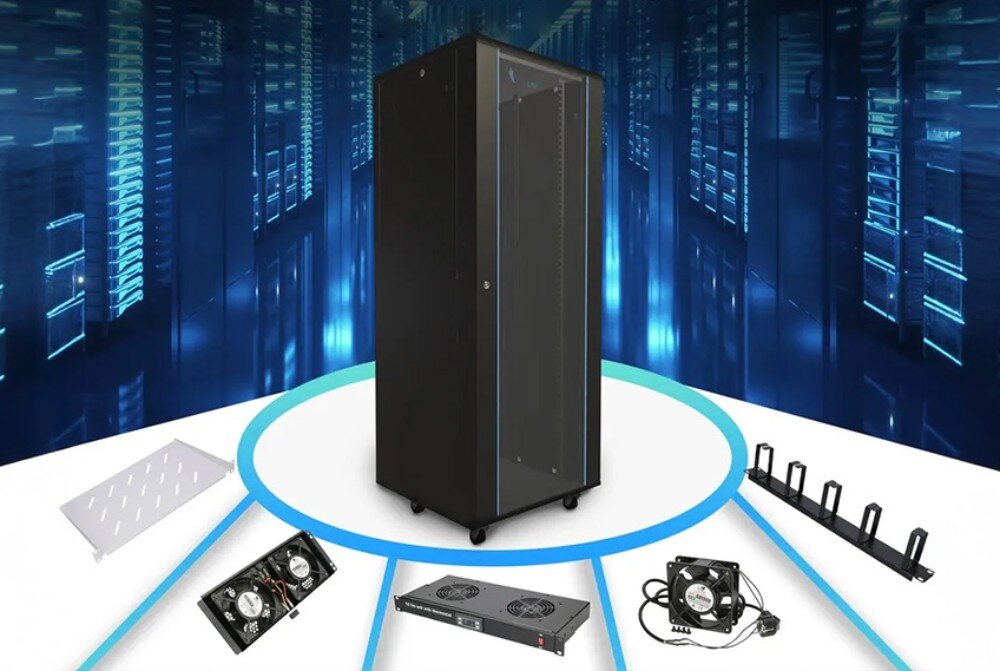 Szafa RACK EXTRALINK 19 42U EX.8611 600 x 1000 mm Czarna szafa rackowa stoi na tle błękitnego wnętrza serwerowni, wokół niej ułożone akcesoria takie jak półka, wentylatory i uchwyt na kable