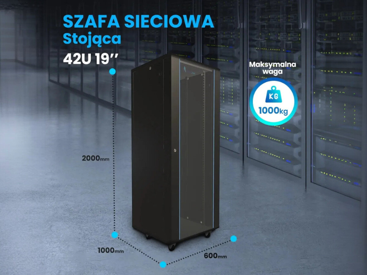 Szafa RACK EXTRALINK 19 42U EX.8611 600 x 1000 mm Czarna szafa rackowa z przeszklonymi drzwiami stoi w pomieszczeniu serwerowym, na obrazie zaznaczono jej wymiary: wysokość 2000 mm, głębokość 1000 mm i szerokość 600 mm