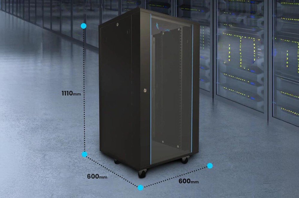 Szafa RACK EXTRALINK 19 22U EX.14381 600 x 600 mm Szafa sieciowa stojąca z wymiarami: wysokość 1110 mm, głębokość 800 mm i szerokość 600 mm