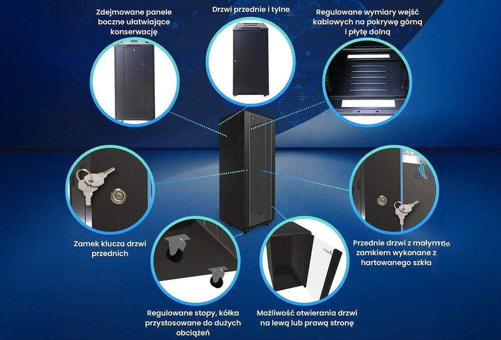 Szafa RACK EXTRALINK 19 42U EX.8628 600 x 800 mm Grafika przedstawia szafę rackową z zaznaczonymi elementami konstrukcyjnymi i opisami, w tym zamek z kluczami, regulowane stopy, zdejmowane panele boczne, regulowane przepusty kablowe oraz drzwi z hartowanego szkła