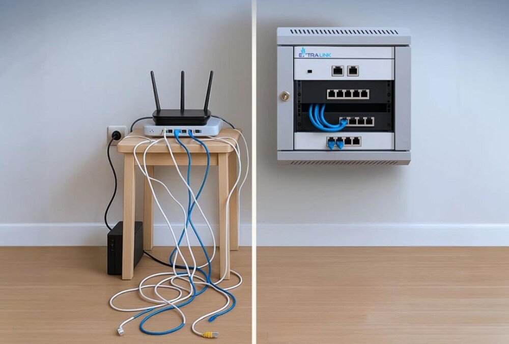 Szafa RACK EXTRALINK 10 4U EX.14466 300 x 300 mm Porównanie bałaganu w kablach z routerem na stołku i uporządkowanej szafy wiszącej ze sprzętem sieciowym, opis