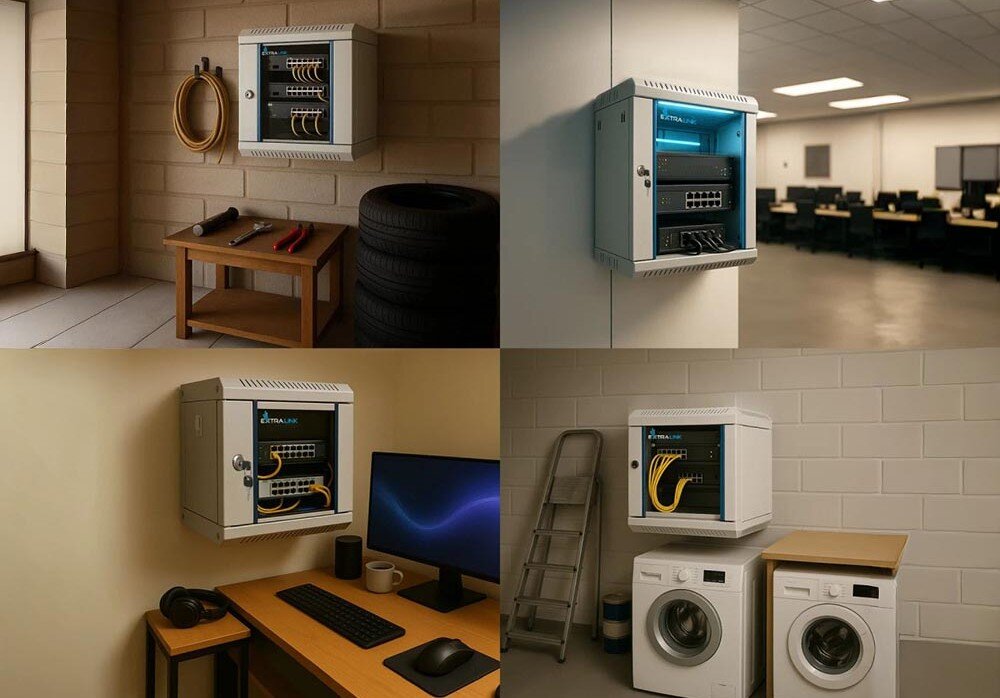 Szafa RACK EXTRALINK 10 4U EX.14466 300 x 300 mm Kolaż czterech zdjęć przedstawiających szafę wiszącą w różnych lokalizacjach: garażu, serwerowni, domowym biurze i pralni, szerokość, przeznaczenie, montaż