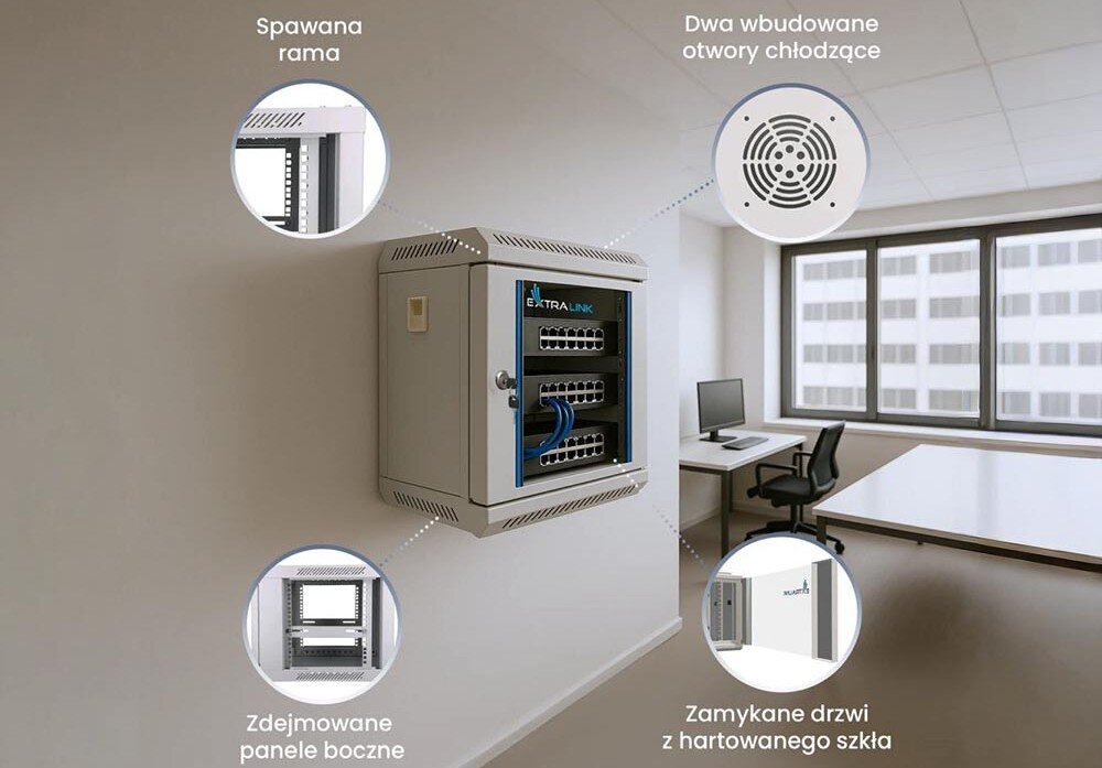 Szafa RACK EXTRALINK 10 4U EX.14466 300 x 300 mm Infografika przedstawiająca szafę wiszącą z czterema jej cechami: 'spawaną ramą', 'otworami chłodzącymi', 'zdejmowanymi panelami bocznymi' i 'zamykanymi drzwiami', konstrukcja, materiały, drzwi