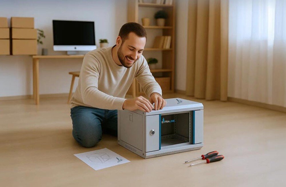 Szafa RACK EXTRALINK 10 4U EX.14466 300 x 300 mm Szafa wisząca w biurze z przybliżeniem na zamek z kluczem i ikoną tarczy z kłódką symbolizującą bezpieczeństwo, montaż, zdejmowane panele