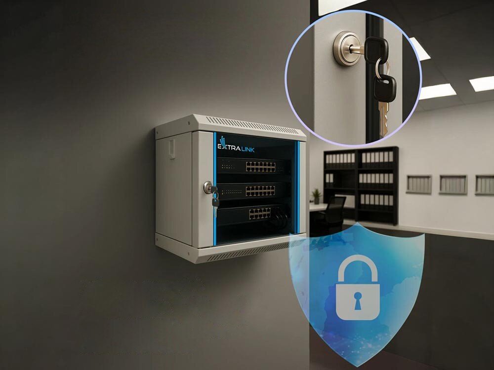 Szafa RACK EXTRALINK 10 4U EX.14466 300 x 300 mm Uśmiechnięty mężczyzna klęczący na podłodze, składający szafę wiszącą z pomocą instrukcji i śrubokrętów, przestrzeń wewnątrz, otwory na kable