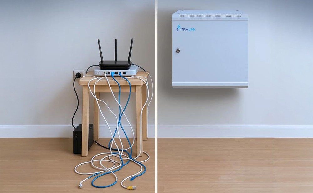 Szafa RACK EXTRALINK 19 12U EX.12974 600 x 450 mm Porównanie splątanych kabli i routera na stołku ze schludnie zamontowaną na ścianie szafą rackową, opis