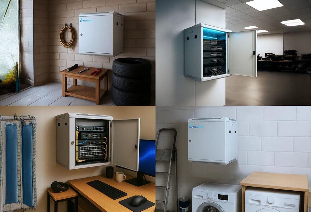 Szafa RACK EXTRALINK 19 12U EX.12974 600 x 450 mm Kolaż czterech zdjęć szafy rackowej w różnych pomieszczeniach: garażu, serwerowni, domowym biurze i pralni, przeznaczenie, montaż, wykonanie