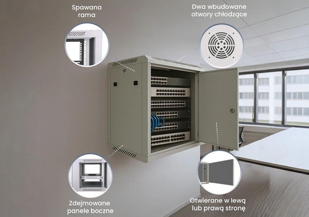 Szafa RACK EXTRALINK 19 12U EX.12974 600 x 450 mm Szafa rackowa wisząca na ścianie w biurze z otwartymi drzwiami, z opisami funkcji: 'Spawana rama', 'Dwa wbudowane otwory chłodzące', 'Zdejmowane panele boczne' oraz 'Otwierane w lewą lub prawą stronę', dostęp, drzwi, zdejmowane panele