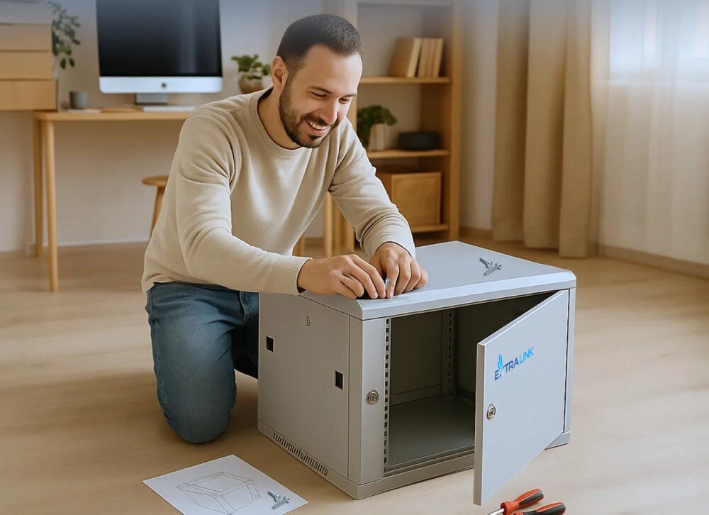 Szafa RACK EXTRALINK 19 12U EX.12974 600 x 450 mm Uśmiechnięty mężczyzna klęczy na podłodze i składa szafę rackową w pokoju z biurkiem i regałem, wentylacja, przepusty kablowe