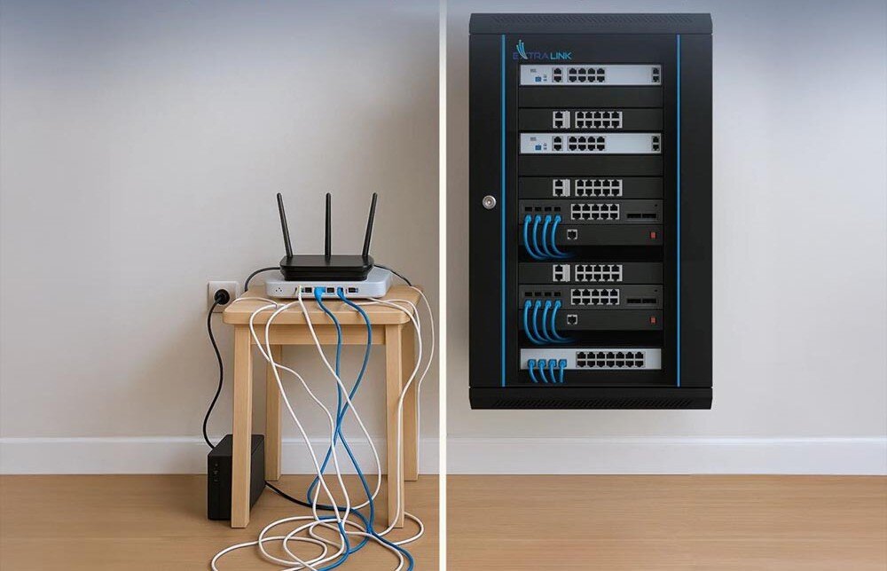 Szafa RACK EXTRALINK 19 12U EX.12905 600 x 600 mm Porównanie bałaganu z kablami i routerem na stołku z wiszącą szafą serwerową z uporządkowanymi urządzeniami i okablowaniem, opis