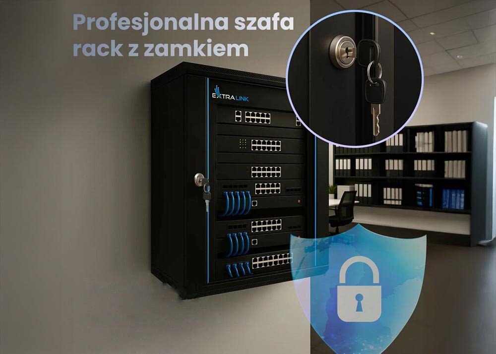 Szafa RACK EXTRALINK 19 12U EX.12905 600 x 600 mm Wisząca szafa rack z napisem 'Profesjonalna szafa rack z zamkiem' i zbliżeniem na klucz w zamku, przeznaczenie, wykonanie, wymiary, standard