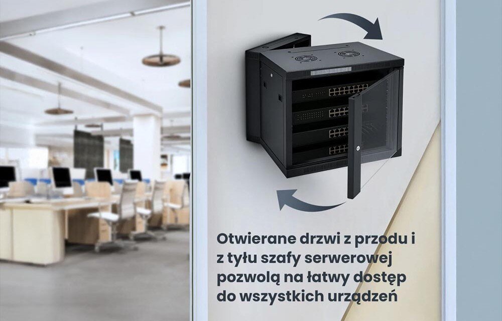 Szafa RACK EXTRALINK 19 12U EX.12905 600 x 600 mm Wisząca szafa serwerowa z otwartymi drzwiami z przodu i odchyloną tylną częścią obudowy w celu demonstracji dostępu do urządzeń, dwusekcyjna budowa, szklane drzwi, zamki