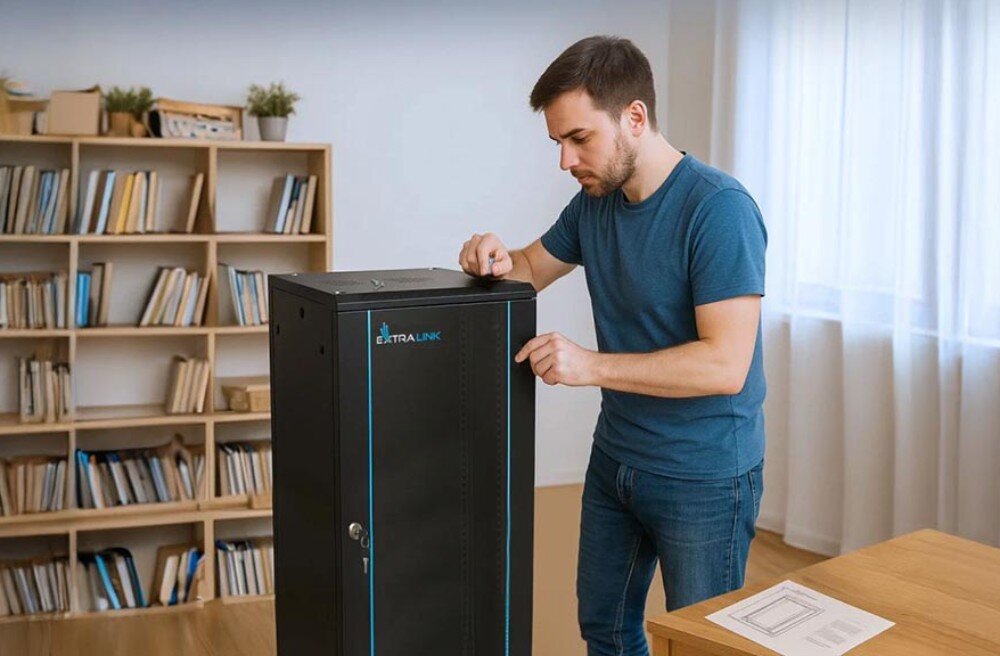 Szafa RACK EXTRALINK 19 12U EX.12905 600 x 600 mm Mężczyzna w niebieskiej koszulce składający szafę serwerową stojącą na stole, pojemność, montaż