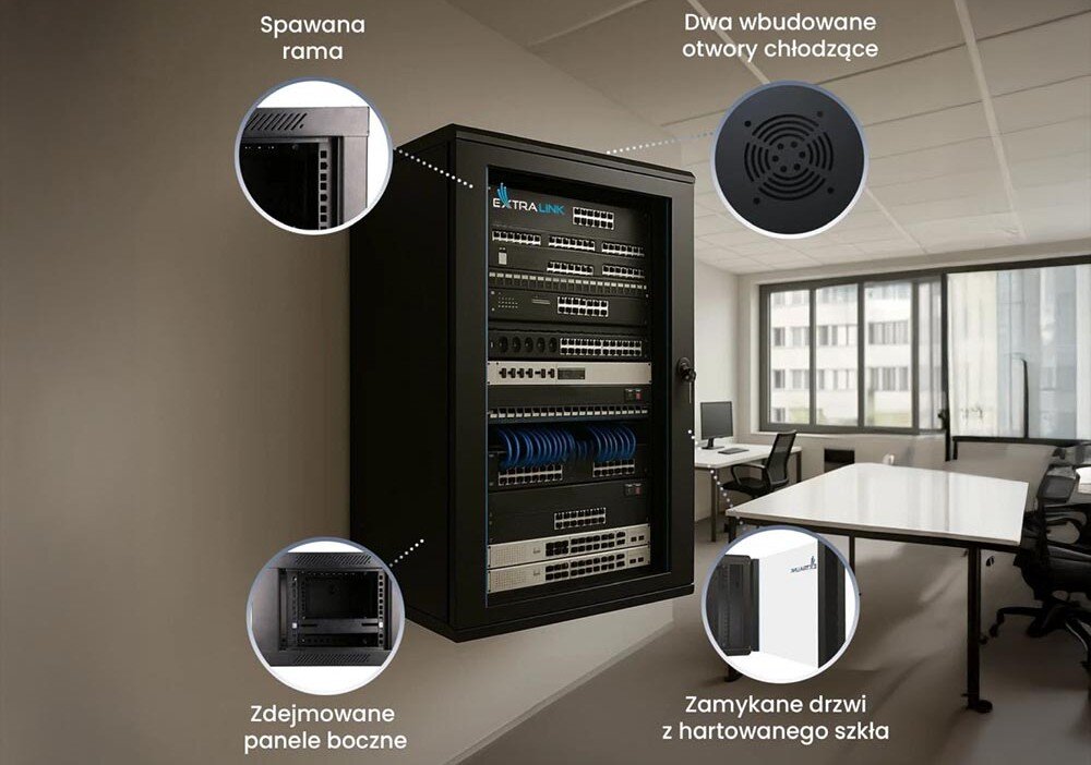 Szafa RACK EXTRALINK 19 12U EX.12905 600 x 600 mm Wisząca szafa serwerowa w biurze z czterema polami opisującymi jej cechy: 'Spawana rama', 'Dwa wbudowane otwory chłodzące', 'Zdejmowane panele boczne', 'Zamykane drzwi z hartowanego szkła', wentylacja, otwory na kable