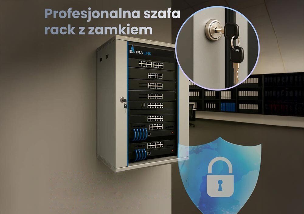 Szafa RACK EXTRALINK 19 12U EX.12912 600 x 600 mm Wisząca szafa rack z napisem 'Profesjonalna szafa rack z zamkiem' i zbliżeniem na klucz w zamku, przeznaczenie, wykonanie, wymiary, standard