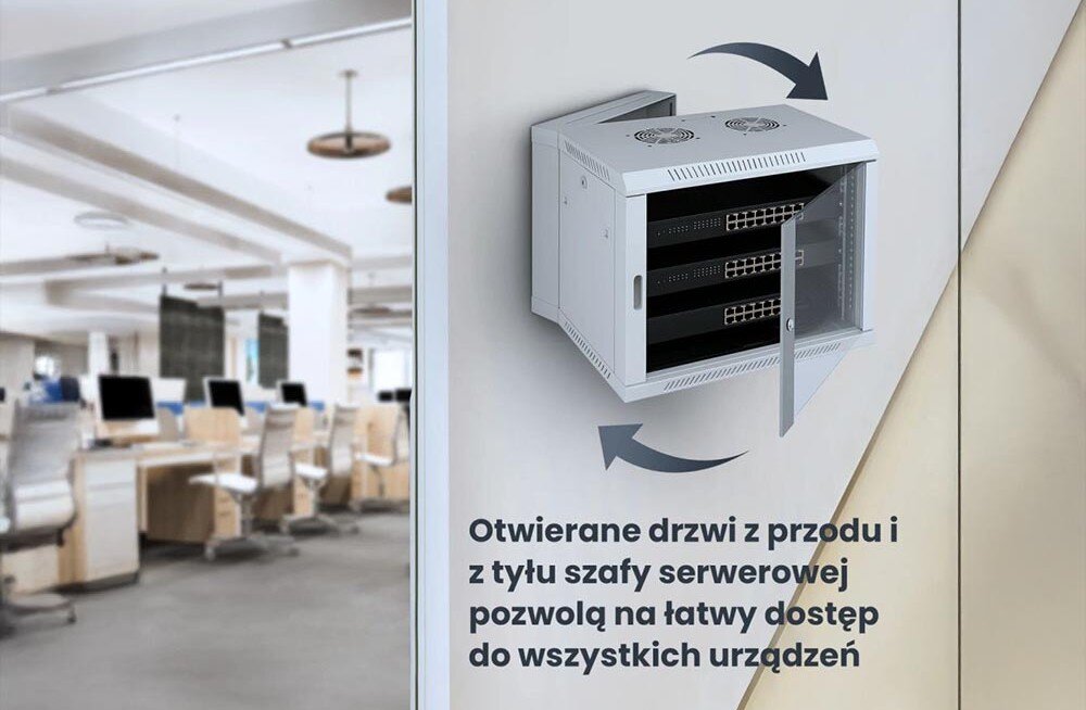 Szafa RACK EXTRALINK 19 12U EX.12912 600 x 600 mm Wisząca szafa serwerowa z otwartymi drzwiami z przodu i odchyloną tylną częścią obudowy w celu demonstracji dostępu do urządzeń, dwusekcyjna budowa, szklane drzwi, zamki