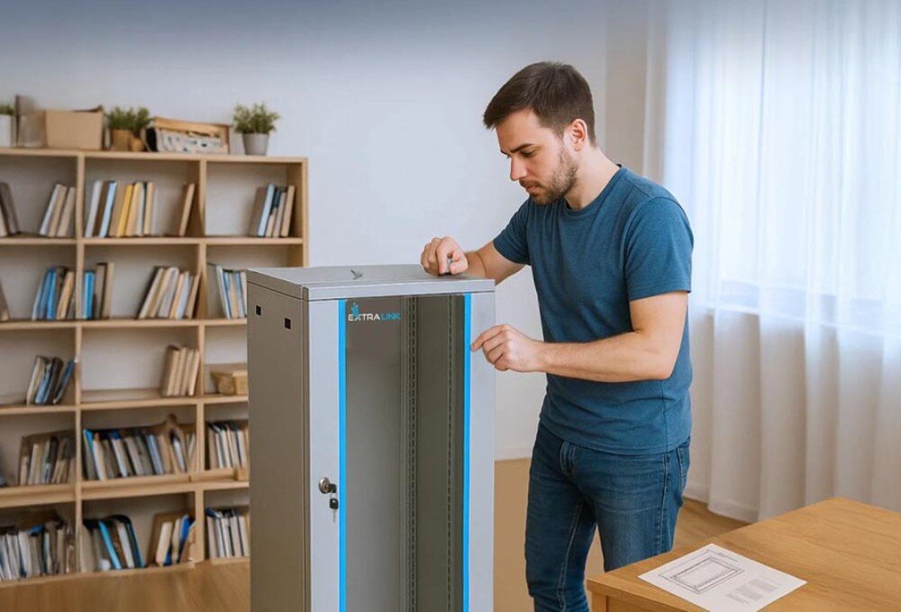 Szafa RACK EXTRALINK 19 12U EX.12912 600 x 600 mm Mężczyzna w niebieskiej koszulce składający szafę serwerową stojącą na stole, pojemność, montaż