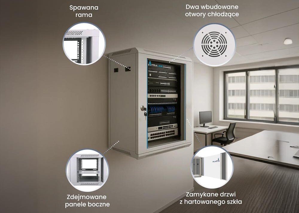 Szafa RACK EXTRALINK 19 12U EX.12912 600 x 600 mm Wisząca szafa serwerowa w biurze z czterema polami opisującymi jej cechy: 'Spawana rama', 'Dwa wbudowane otwory chłodzące', 'Zdejmowane panele boczne', 'Zamykane drzwi z hartowanego szkła', wentylacja, otwory na kable