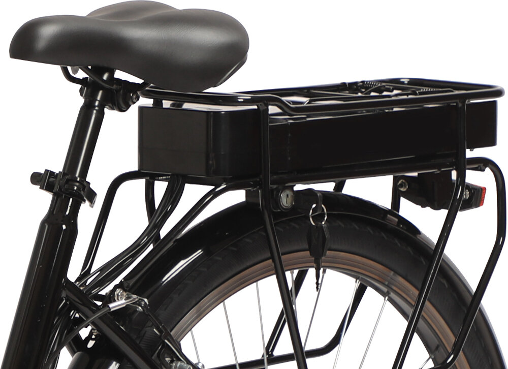 Rower elektryczny JEEP JE-28 D17 28 cali damski Czarny siodełko wygodne marki XINDA typ PRO ACTIVE szerokie i miękkie wykończenie aluminiowa sztyca siodła lekka konstrukcja