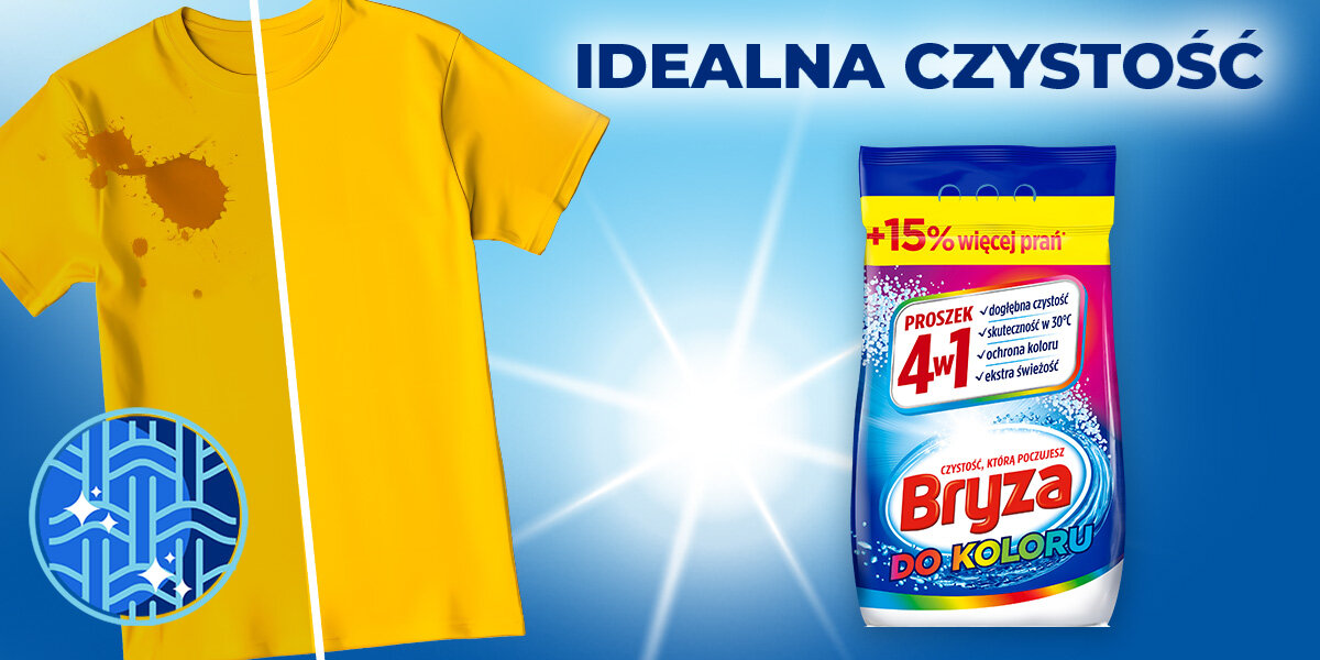 PROSZEK DO PRANIA BRYZA 4W1 COLOR wizualizacja Olśniewająca czystość usuwanie plam zabrudzeń