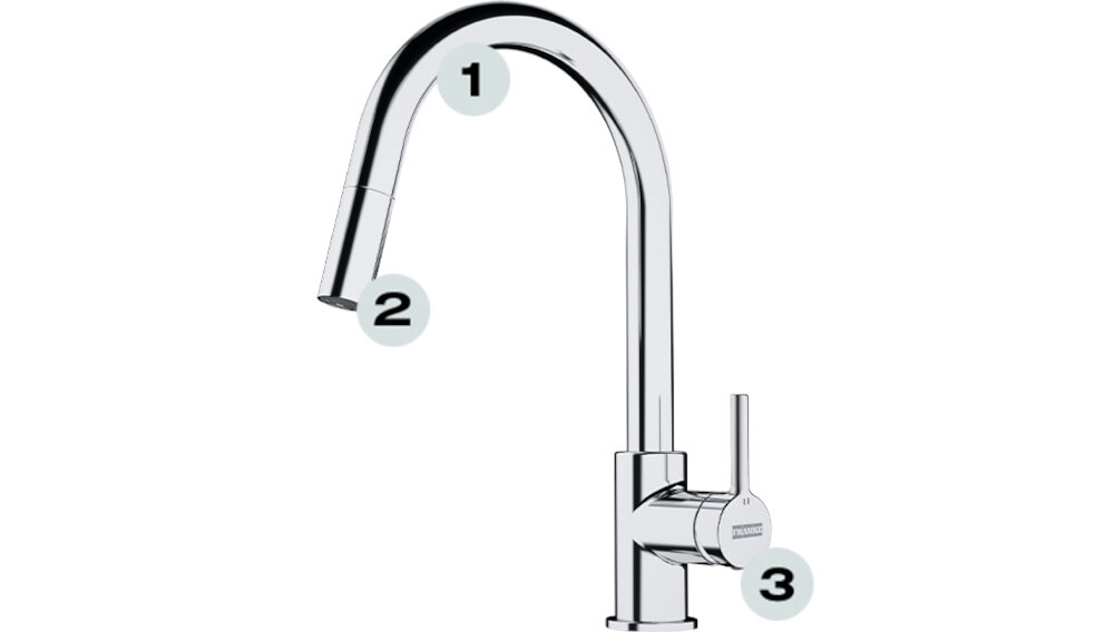 Bateria FRANKE Lina 115.0626.051 Chrom wykonanie ceramika głowica wysoka wylewka duży zasięg wylewka