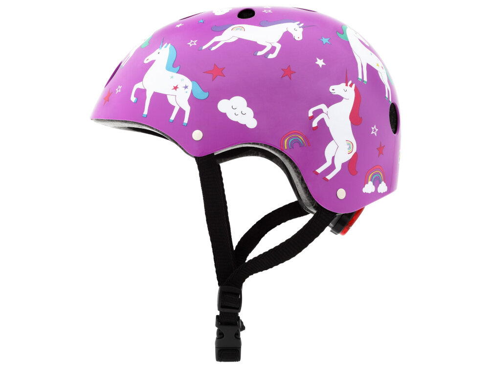 Kask HORNIT Unicorn Fioletowy dla Dzieci (rozmiar M) kask na białym tle widoczny z boku w rozmiarze M regulowany zakres obwodu bezpieczne i pewne noszenie system regulacji w zakresie od 53 do 58 cm kask rośnie wraz z dzieckiem