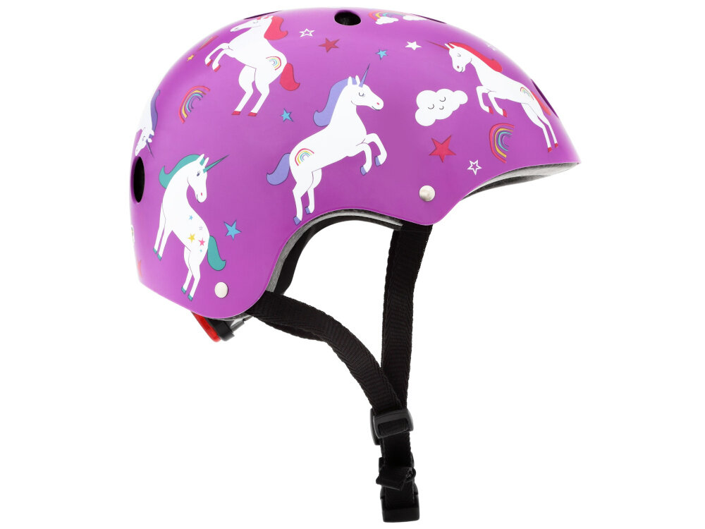 Kask HORNIT Unicorn Fioletowy dla Dzieci (rozmiar S) kask na białym tle widoczny z boku poliwęglanowa skorupa pianka EPS trwałość konstrukcji radzi sobie z pochłanianiem wstrząsów waga około 340 g wysoki komfort użytkowania