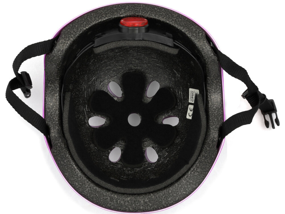 Kask HORNIT Unicorn Fioletowy dla Dzieci (rozmiar S) kask na białym tle widoczny od wewnątrz wyściółka z odpinanych gąbeczek możliwość ich prania miękki materiał chroni skórę głowy przed otarciami stabilne ułożenie kasku