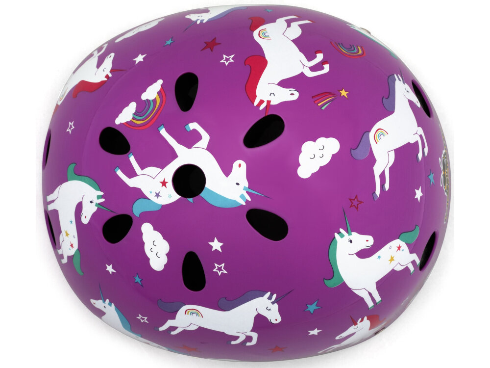 Kask HORNIT Unicorn Fioletowy dla Dzieci (rozmiar S) kask na białym tle widoczny z góry jedenaście otworów wentylacyjnych wspierają cyrkulację powietrza komfort nawet w cieplejsze dni otwory minimalizują gromadzenie wilgoci pod skorupą