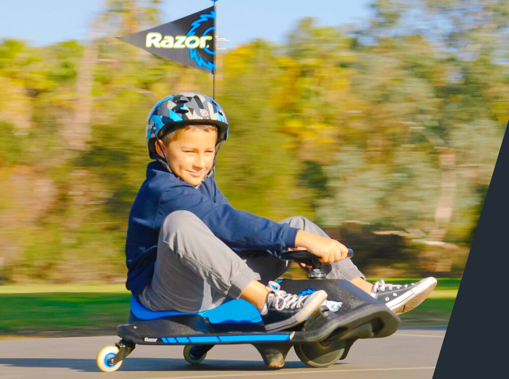 Pojazd do driftu RAZOR Crazy Cart Shift 2.0 25173840 lekkie urządzenie o stabilnej konstrukcji wytrzymały bezobsługowy silnik dla dzieci powyżej 6 roku życia maksymalna waga do 54 kg